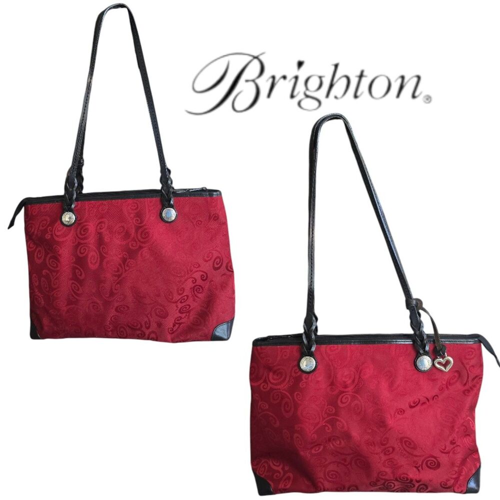Brighton Red Evelyn Printed Canvas Shoulder Bag Black Leather Silver Heart Charm